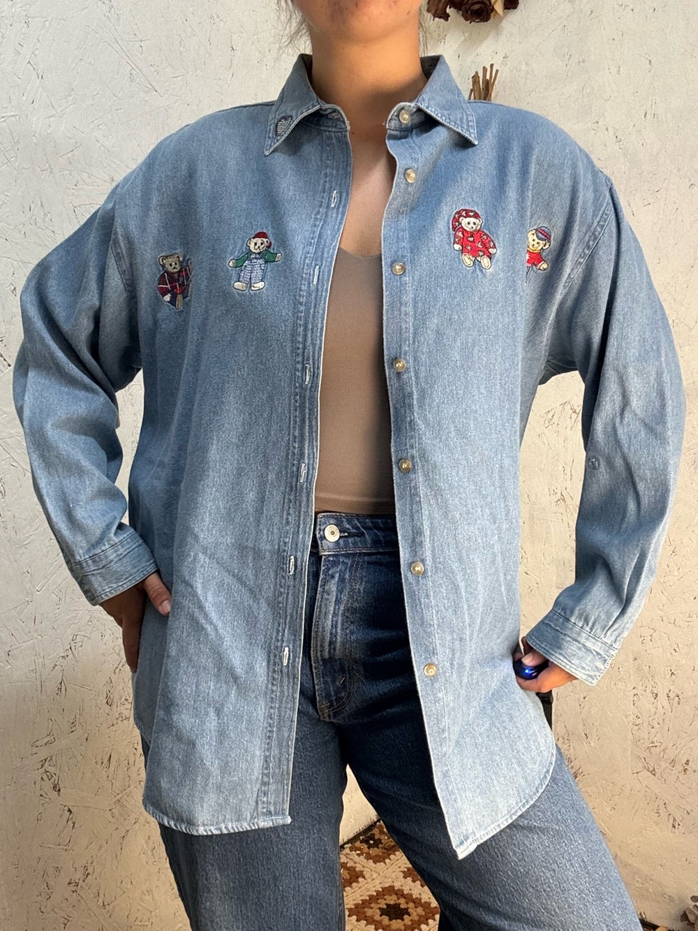 Vintage 90s Mom Quizz Denim Teddy Bear Button Long Sleeve Embroidered Medium